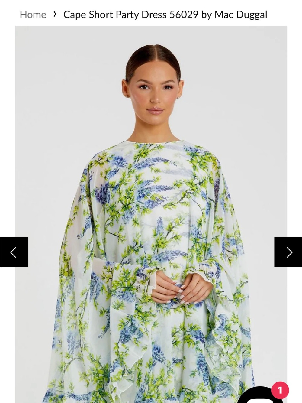 Mac Duggal White Floral Cape Short Party Dress with Blue and Green Print